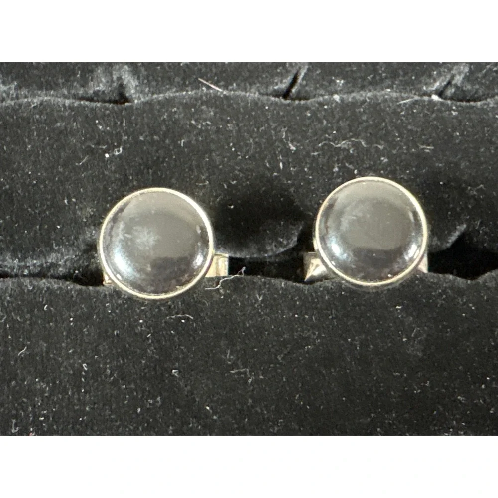 Vintage Black Cabochon Round Cufflinks Silver Tone Minimalist Formal Accessory